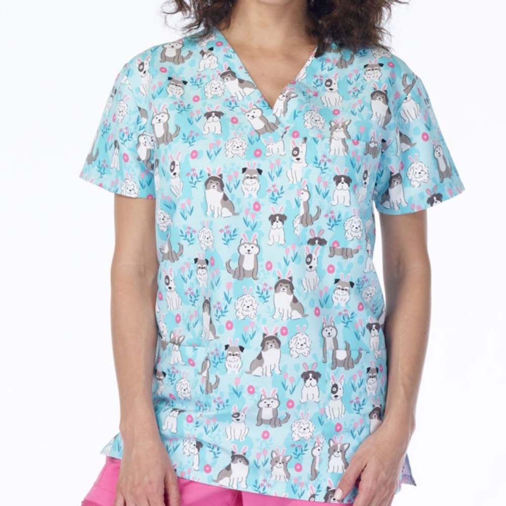 NWT Women’s XL Hoppy Puppy Print I Love Scrubs Scrub Top